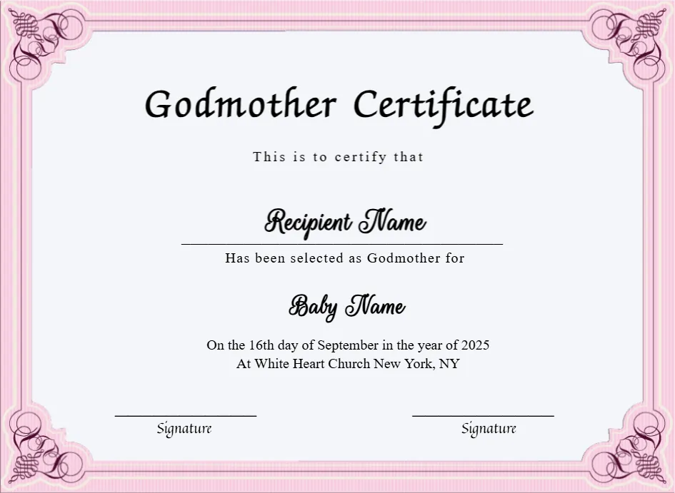 Printable Certificate Of Godmother