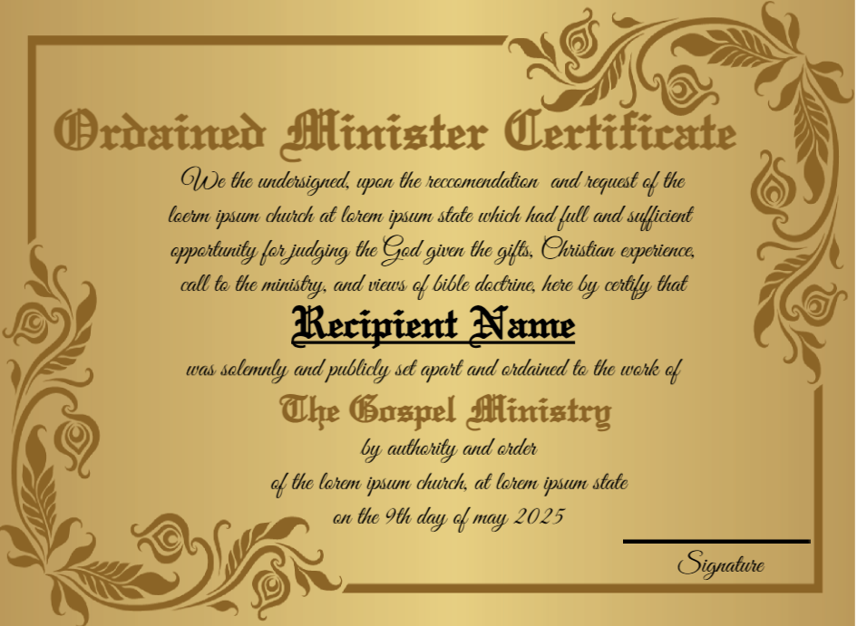 Printable Ordination Certificate Design
